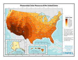 A heat map of the United States displaying the amount of solar power potential.