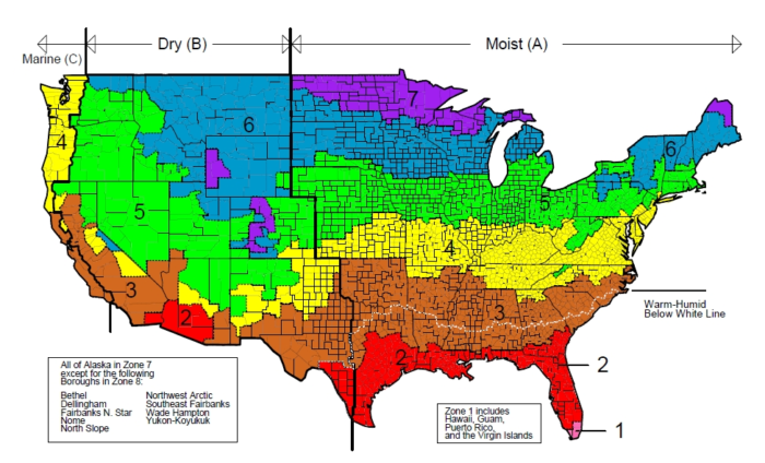 A colored map of the United States showing climate zones.